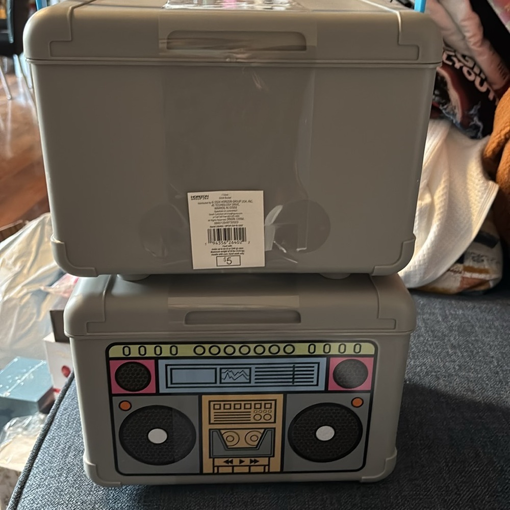 Kids Retro Boombox Storage Box - Gray with Blue Handle - Picture 3 of 8